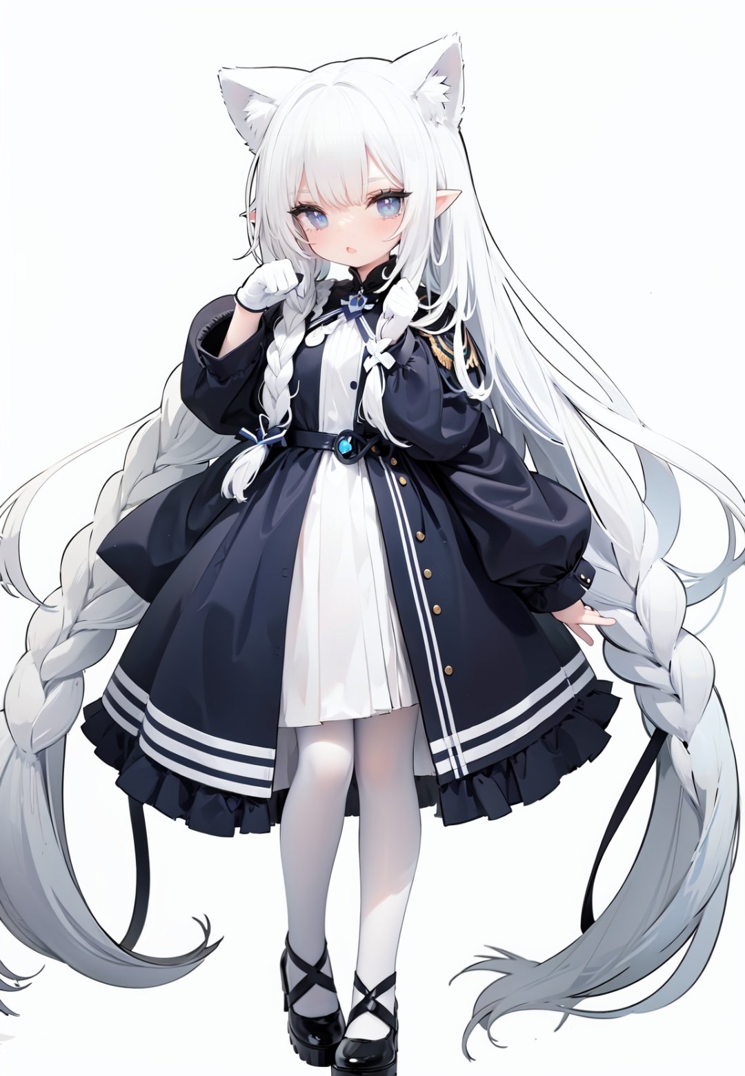  1girl, white_gloves, braid, full_body, gloves, long_hair, official_alternate_costume, pointy_ears, simple_background, solo, standing, very_long_hair, white_background, white hair, blue eyes, paw claw pose, open_mouth