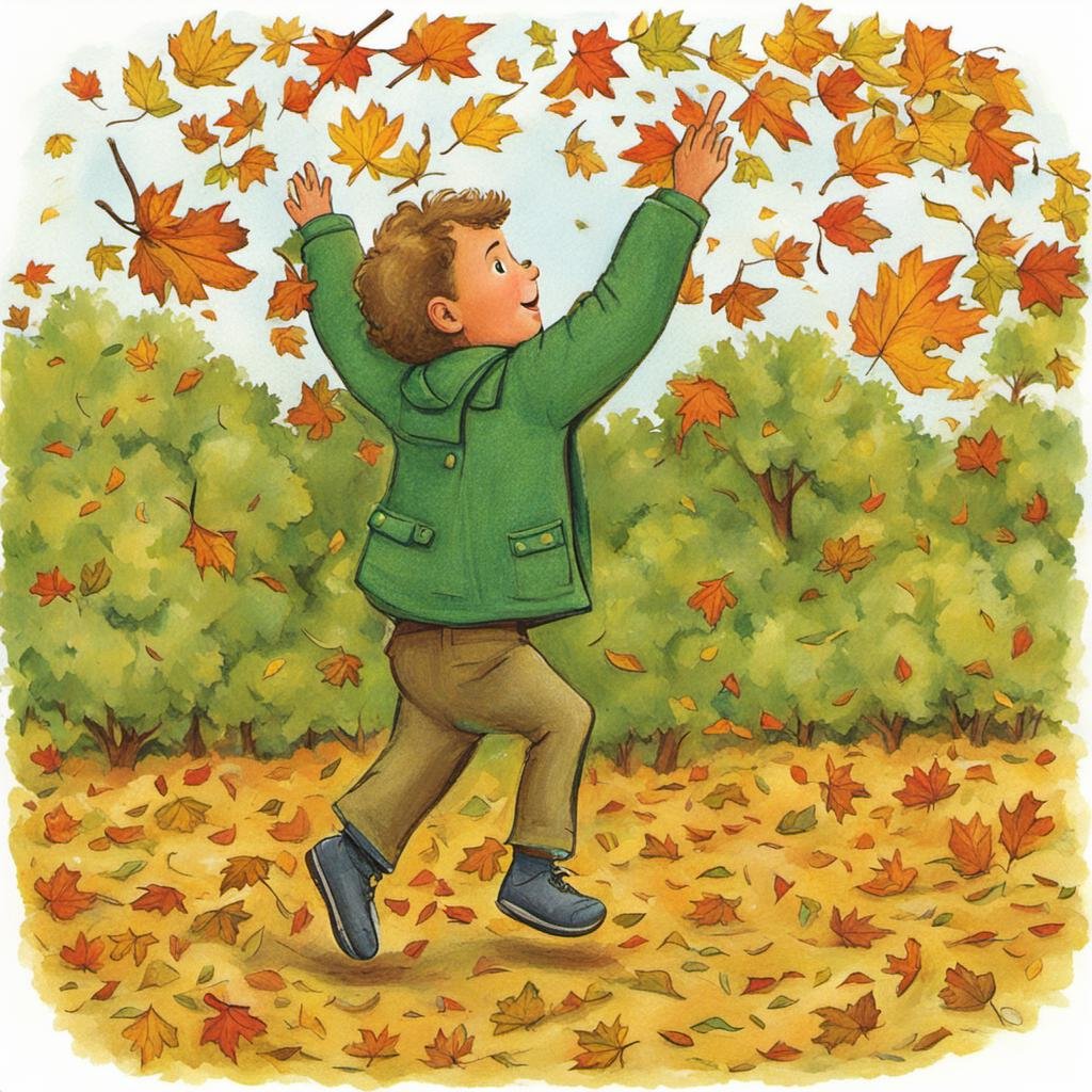 childrens_book_illustration a child in a green jacket throwing leaves in the air
<lora:Childrens_book_illustration-000001:1>