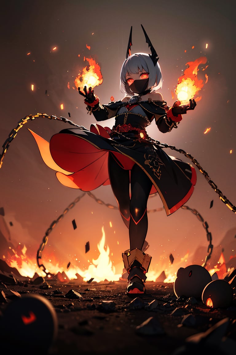 (Anime-style:1.3), (Dark and intense:1.2), A striking anime character, shrouded in shadows and poised for battle, stands against a deep crimson background adorned with menacing chains. Glowing red hollow fire particles dance around the scene, creating an otherworldly ambiance. The unique pastel look adds an ethereal touch to this dramatic and visually intense composition.