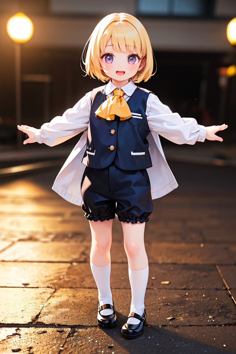 1girl,solo,blonde hair,outstretched arms,open mouth,skirt,ribbon,hair ribbon,shoes,underwear,vest,smile,mary janes,ascot,purple eyes,shirt,long sleeves,short hair,bloomers,(best quality,4k,8k,highres,masterpiece:1.2),ultra-detailed,(realistic,photorealistic,photo-realistic:1.37),HDR,UHD,studio lighting,ultra-fine painting,sharp focus,physically-based rendering,extreme detail description,professional,vivid colors,bokeh,portraits,landscape