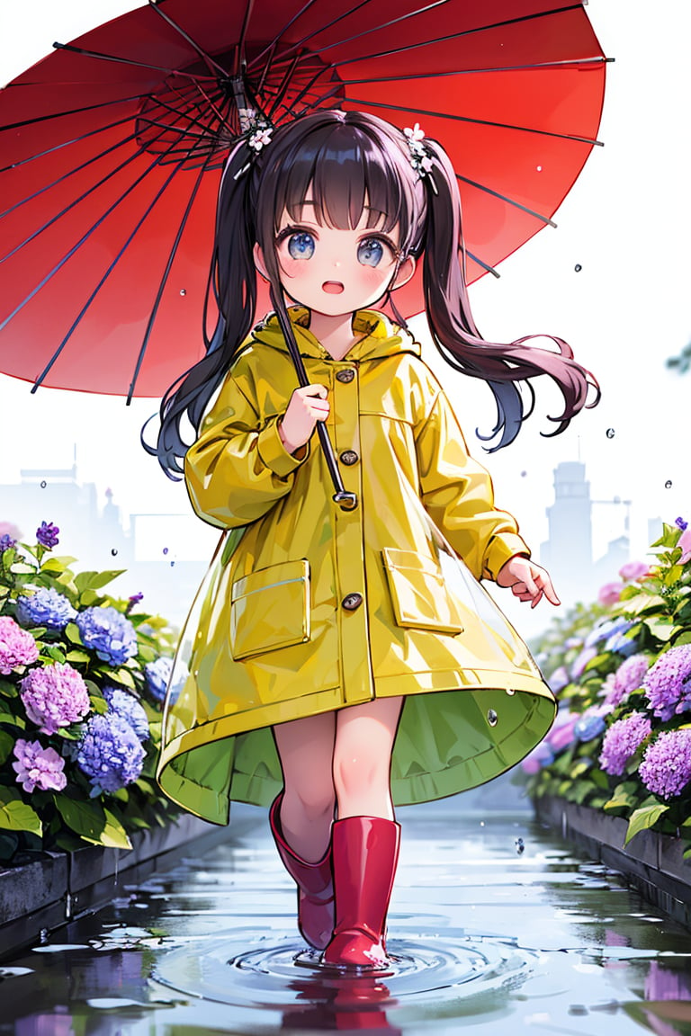 (best quality,4k,8k,highres,masterpiece:1.2),ultra-detailed,(realistic,photorealistic,photo-realistic:1.37),1girl,beautiful detailed eyes,beautiful detailed lips,extremely detailed eyes and face,long eyelashes,yellow raincoat,rubber boots,hydrangea flowers,long hair styled in twintails,blush on cheeks,umbrella,open mouth,hair ornament,white background,vibrant colors,soft lighting,water droplets on the raincoat,subtle reflections on the rubber boots,wind blowing the girl's hair and raincoat,playful expression,sparkling water droplets on the hydrangea flowers,raindrops gently falling from the umbrella,delicate details in the flower petals and raindrops,lightly wet ground reflecting the rainbow,joyful atmosphere,refreshing scent of rain in the air