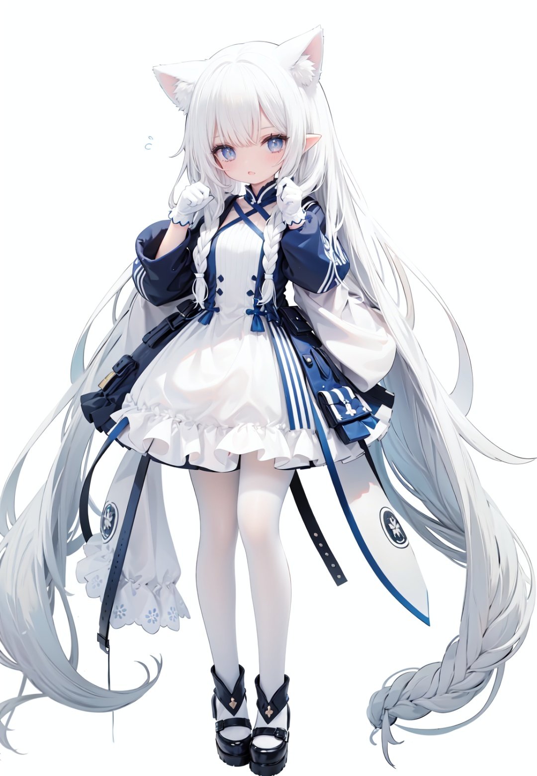 1girl,  white_gloves,  braid,  full_body,  gloves,  long_hair,  official_alternate_costume,  pointy_ears,  simple_background,  solo,  standing,  very_long_hair,  white_background,  white hair,  blue eyes,  paw claw pose,  open_mouth