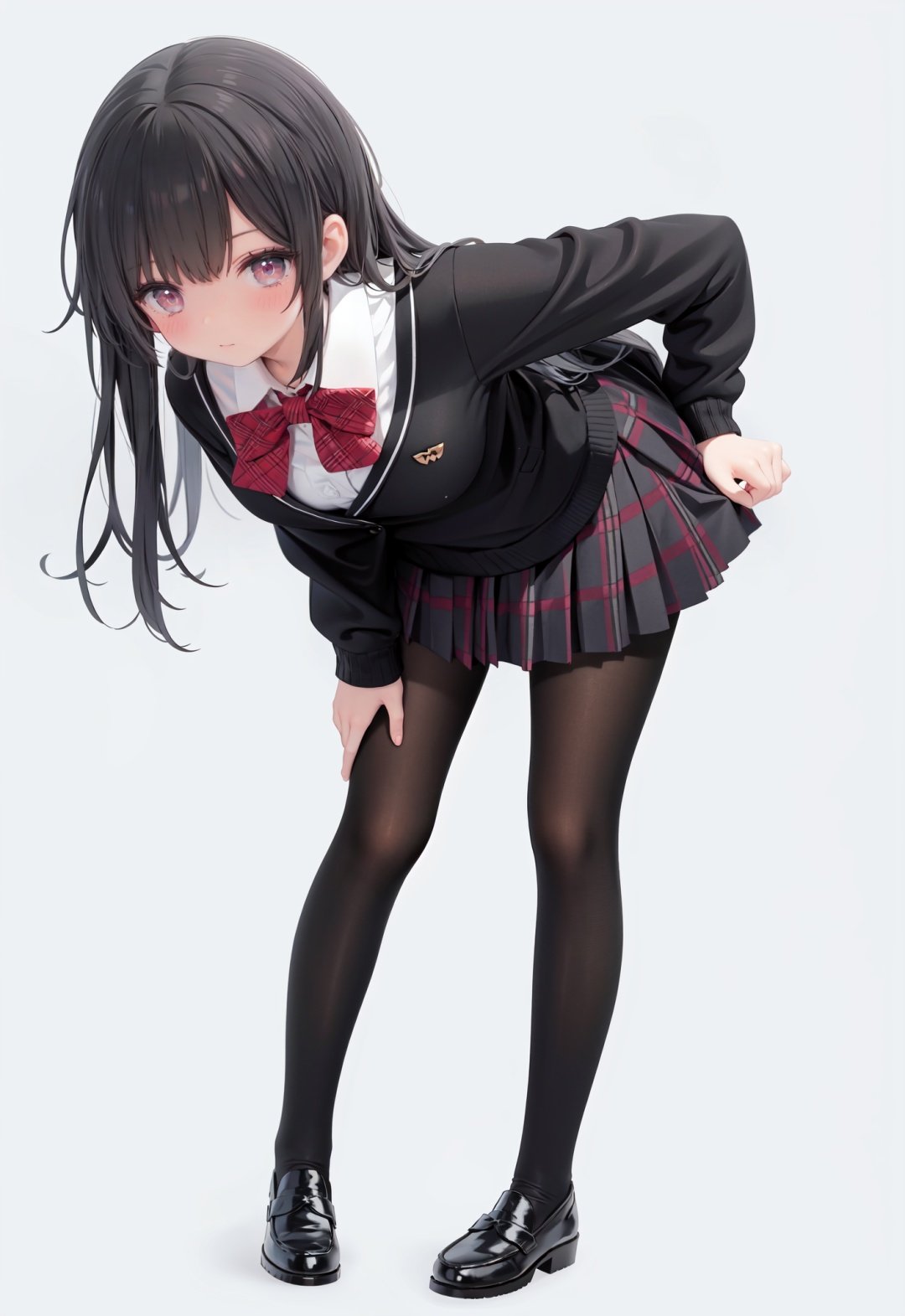  1girl, solo, pantyhose, skirt, long hair, loafers, shoes, simple background, school uniform, brown eyes, plaid, black pantyhose, plaid skirt, looking at viewer, black hair, pantyhose pull, full body, clothes pull, black footwear, pleated skirt, leaning forward, bangs, long sleeves, bent over, cardigan, bow, bowtie, standing, closed mouth, pulled by self, grey background, blush, miniskirt, red bow, sweater, undressing