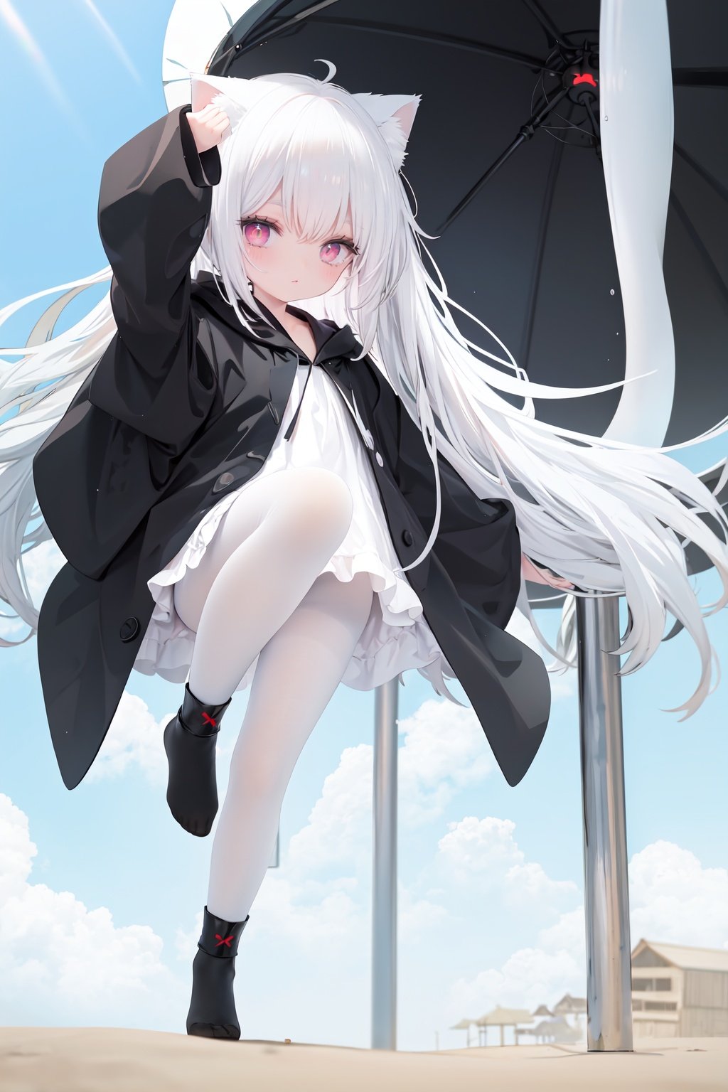  1girl, loli, petite child, white hair, long hair, red eyes, grim reaper, black robe, cat_hood, standing on one leg, another leg up, trample, white pantyhose, foot soles, underfoot, look down, shadow,beach, (from below:1.2)