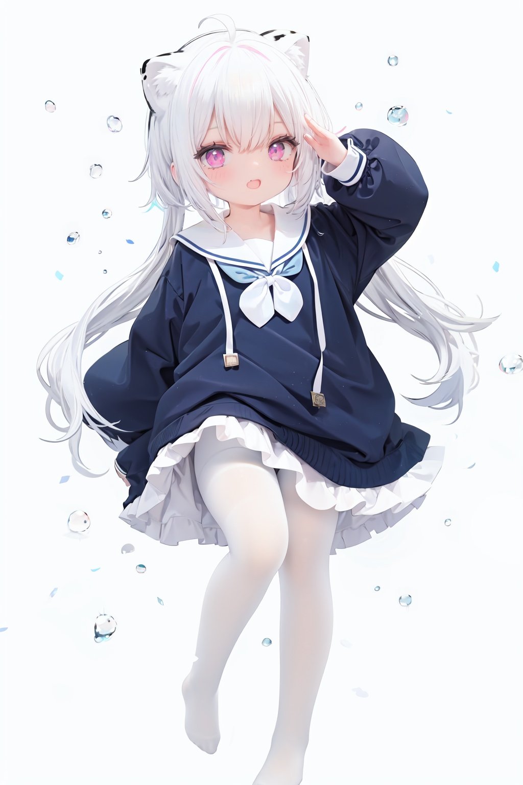 cute,Infant,solo blue shirt,blue sailor coat,loli,full body,white hair,snow leopard ear,white background,pink eyes,laugh,happy,white pantihose,white pantyhose,red armband,