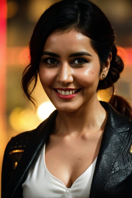 color photo of RashiKhanna, (cosplay as cyberpunk women:1.2), beautiful, stunning, in action, futuristic movie by Christopher Nolan, gentle smile, fancy art, by Louis Vuitton