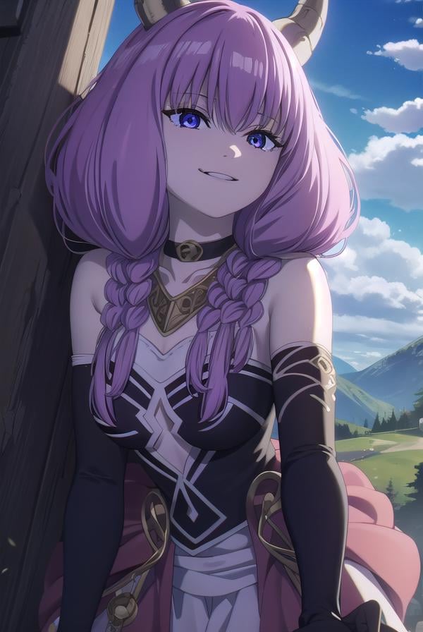 aura the guillotine, <lora:aura the guillotine s1-lora-nochekaiser:1>,aura the guillotine, long hair, (purple eyes:1.1), purple hair, braid, horns, twin braids, smile,skirt, thighhighs, gloves, choker, black gloves, elbow gloves, magical girl,BREAK outdoors, park, sun, sky, cloud,BREAK looking at viewer,BREAK <lyco:GoodHands-beta2:1>, (masterpiece:1.2), best quality, high resolution, unity 8k wallpaper, (illustration:0.8), (beautiful detailed eyes:1.6), extremely detailed face, perfect lighting, extremely detailed CG, (perfect hands, perfect anatomy),