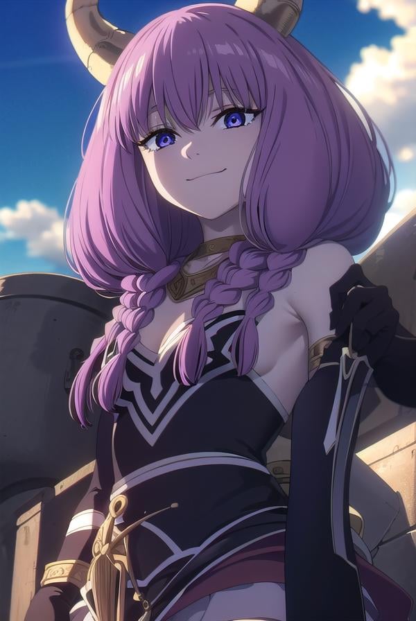 aura the guillotine, <lora:aura the guillotine s1-lora-nochekaiser:1>,aura the guillotine, long hair, (purple eyes:1.1), purple hair, braid, horns, twin braids, smile,skirt, thighhighs, gloves, choker, black gloves, elbow gloves, magical girl,BREAK outdoors, park, sun, sky, cloud,BREAK looking at viewer,BREAK <lyco:GoodHands-beta2:1>, (masterpiece:1.2), best quality, high resolution, unity 8k wallpaper, (illustration:0.8), (beautiful detailed eyes:1.6), extremely detailed face, perfect lighting, extremely detailed CG, (perfect hands, perfect anatomy),