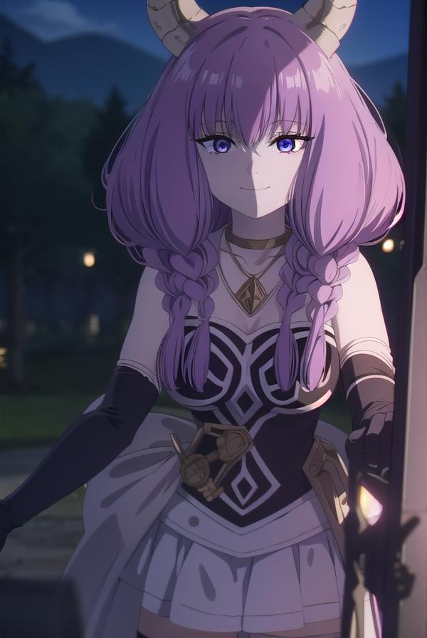 aura the guillotine, <lora:aura the guillotine s1-lora-nochekaiser:1>,aura the guillotine, long hair, (purple eyes:1.1), purple hair, braid, horns, twin braids, smile,skirt, thighhighs, gloves, choker, black gloves, elbow gloves, magical girl,BREAK outdoors, park, sun, sky, cloud,BREAK looking at viewer,BREAK <lyco:GoodHands-beta2:1>, (masterpiece:1.2), best quality, high resolution, unity 8k wallpaper, (illustration:0.8), (beautiful detailed eyes:1.6), extremely detailed face, perfect lighting, extremely detailed CG, (perfect hands, perfect anatomy),