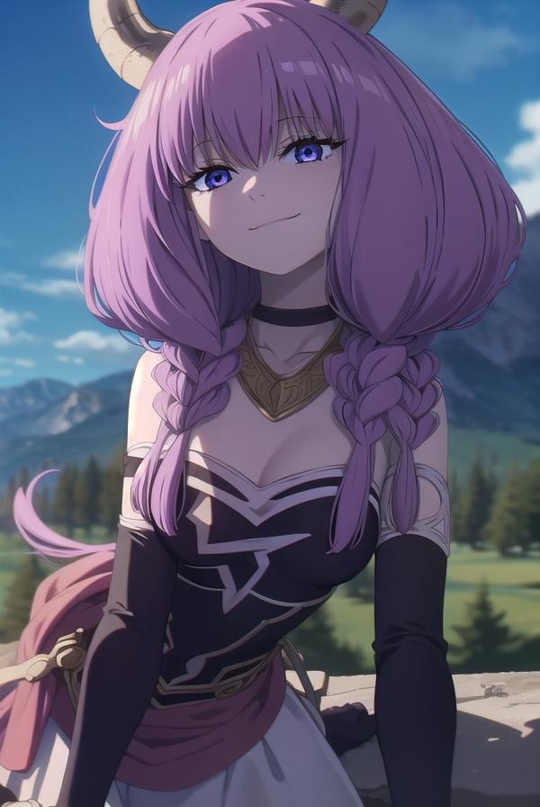 aura the guillotine, <lora:aura the guillotine s1-lora-nochekaiser:1>,aura the guillotine, long hair, (purple eyes:1.1), purple hair, braid, horns, twin braids, smile,skirt, thighhighs, gloves, choker, black gloves, elbow gloves, magical girl,BREAK outdoors, park, sun, sky, cloud,BREAK looking at viewer,BREAK <lyco:GoodHands-beta2:1>, (masterpiece:1.2), best quality, high resolution, unity 8k wallpaper, (illustration:0.8), (beautiful detailed eyes:1.6), extremely detailed face, perfect lighting, extremely detailed CG, (perfect hands, perfect anatomy),