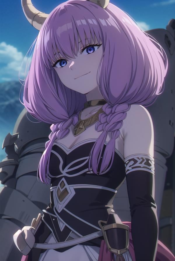 aura the guillotine, <lora:aura the guillotine s1-lora-nochekaiser:1>,aura the guillotine, long hair, (purple eyes:1.1), purple hair, braid, horns, twin braids, smile,skirt, thighhighs, gloves, choker, black gloves, elbow gloves, magical girl,BREAK outdoors, park, sun, sky, cloud,BREAK looking at viewer,BREAK <lyco:GoodHands-beta2:1>, (masterpiece:1.2), best quality, high resolution, unity 8k wallpaper, (illustration:0.8), (beautiful detailed eyes:1.6), extremely detailed face, perfect lighting, extremely detailed CG, (perfect hands, perfect anatomy),