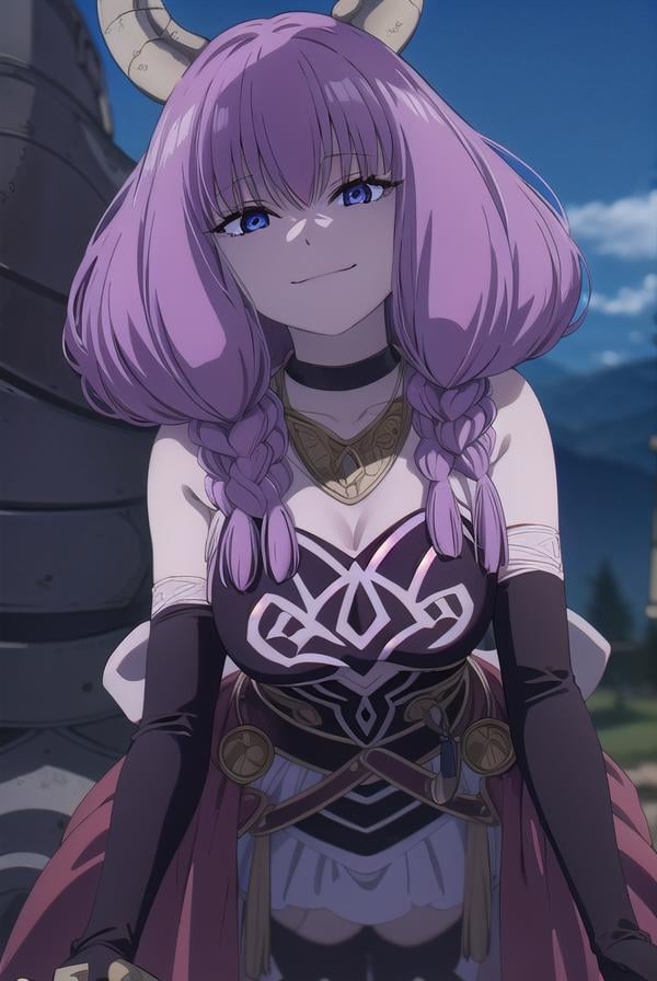 aura the guillotine, <lora:aura the guillotine s1-lora-nochekaiser:1>,aura the guillotine, long hair, (purple eyes:1.1), purple hair, braid, horns, twin braids, smile,skirt, thighhighs, gloves, choker, black gloves, elbow gloves, magical girl,BREAK outdoors, park, sun, sky, cloud,BREAK looking at viewer,BREAK <lyco:GoodHands-beta2:1>, (masterpiece:1.2), best quality, high resolution, unity 8k wallpaper, (illustration:0.8), (beautiful detailed eyes:1.6), extremely detailed face, perfect lighting, extremely detailed CG, (perfect hands, perfect anatomy),