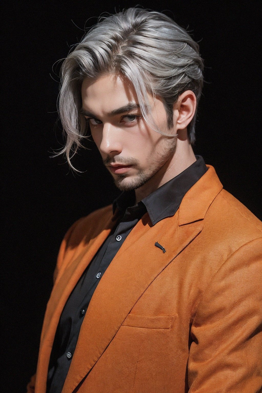 silver_hair,handsome male,beard,(orange blazer:1.2),black background,
