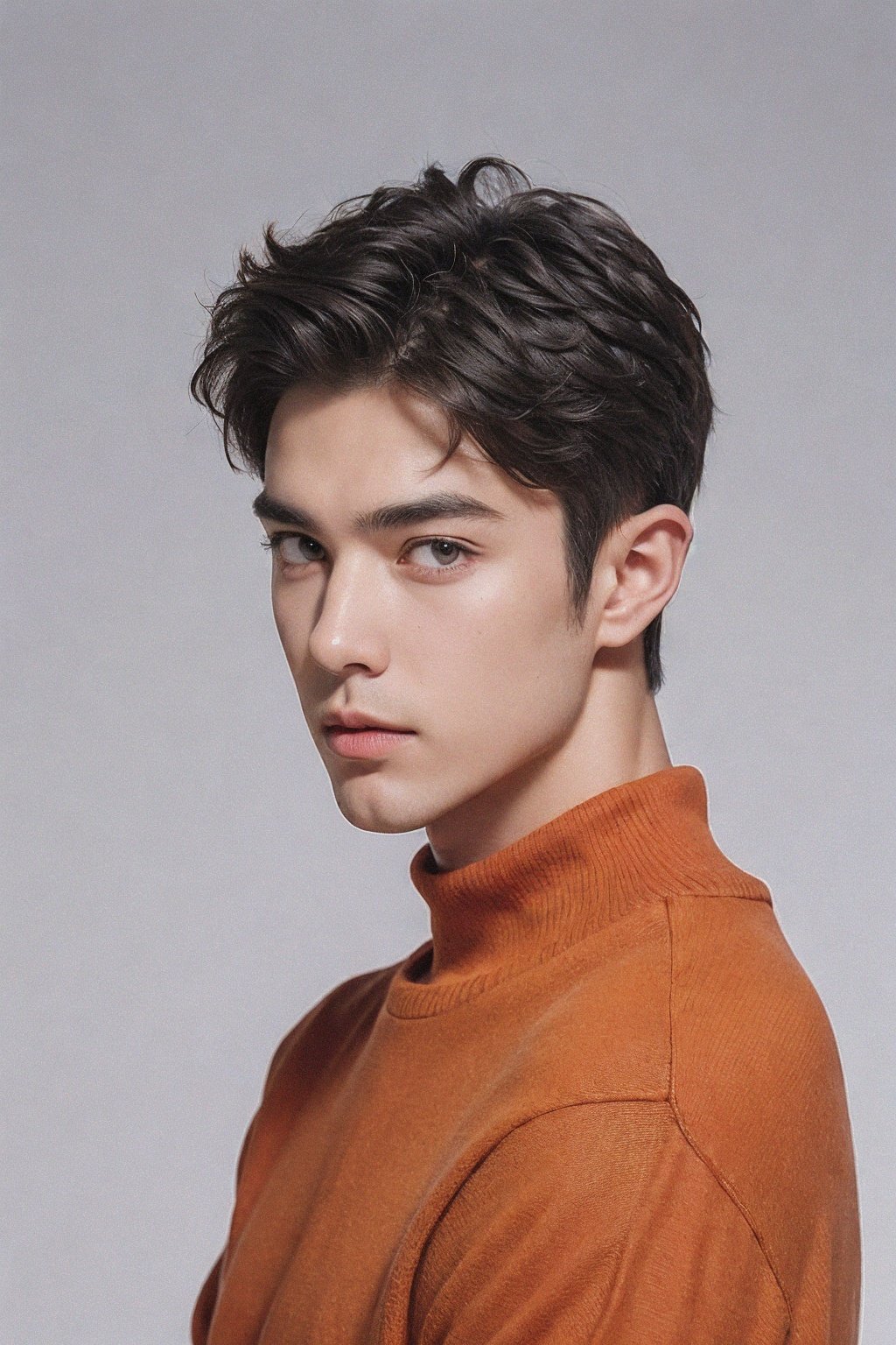handsome male,upper body portrait,orange sweater,white background,