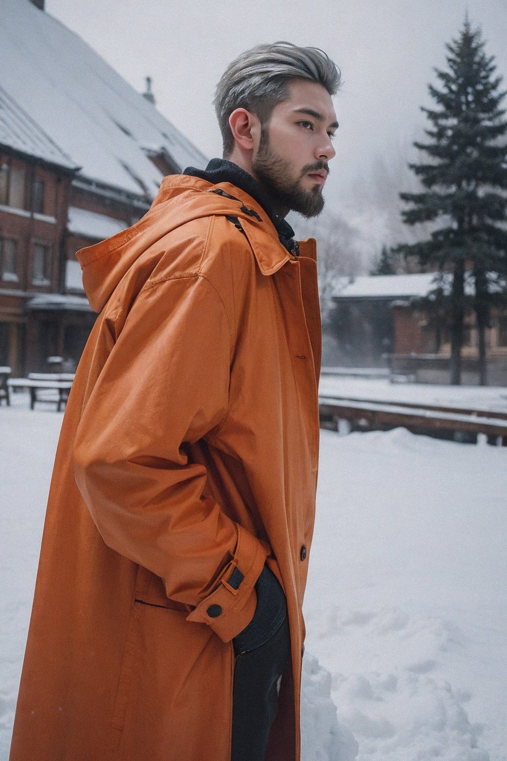 (silver_hair:1.1),handsome male,beard,(oversized orange coat:1.1),abs,winter,snow,