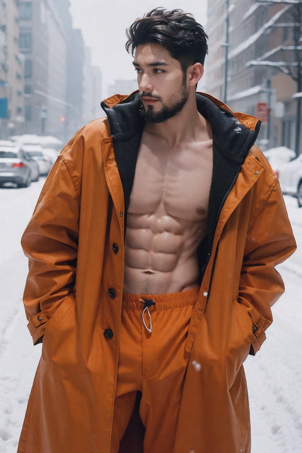 silver_hair,handsome male,beard,(oversized orange coat:1.1),abs,winter,snow,