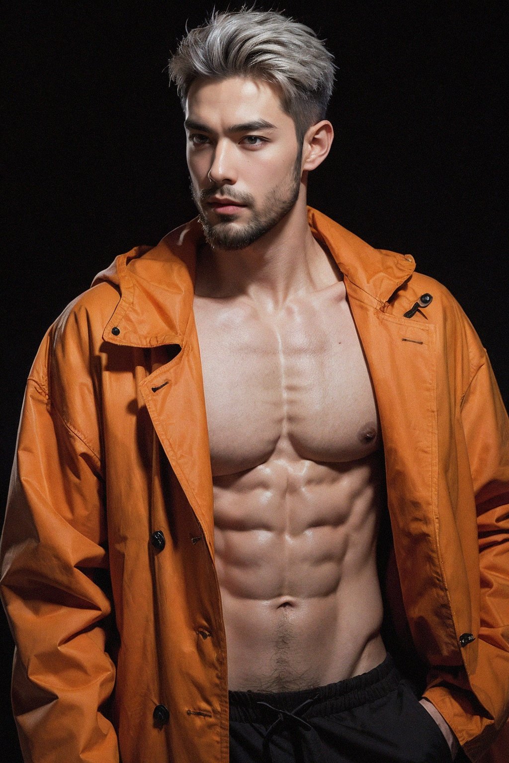 silver_hair,handsome male,beard,(orange coat:1.1),abs,black background,