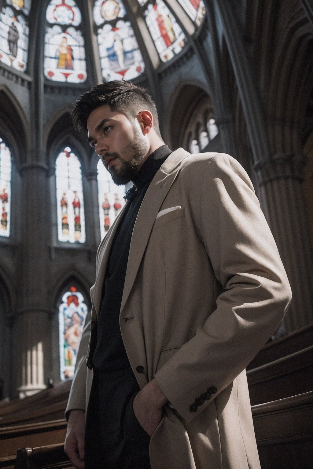 handsome male,solo,beard,big muscle,suit,feather coat,dutch angle,low angle,empty church,
