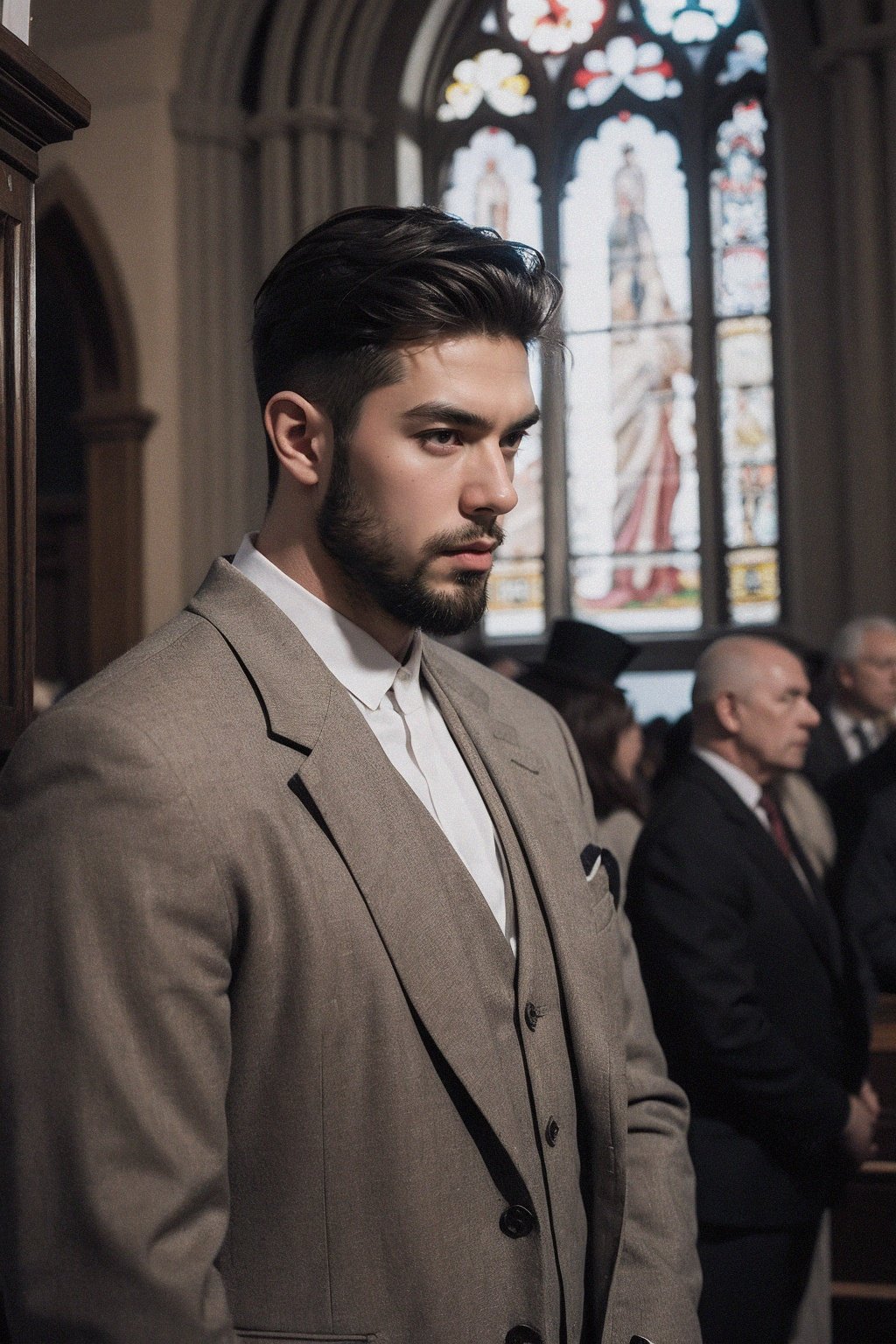 handsome male,solo,beard,big muscle,suit,feather coat,dutch angle,low angle,empty church,