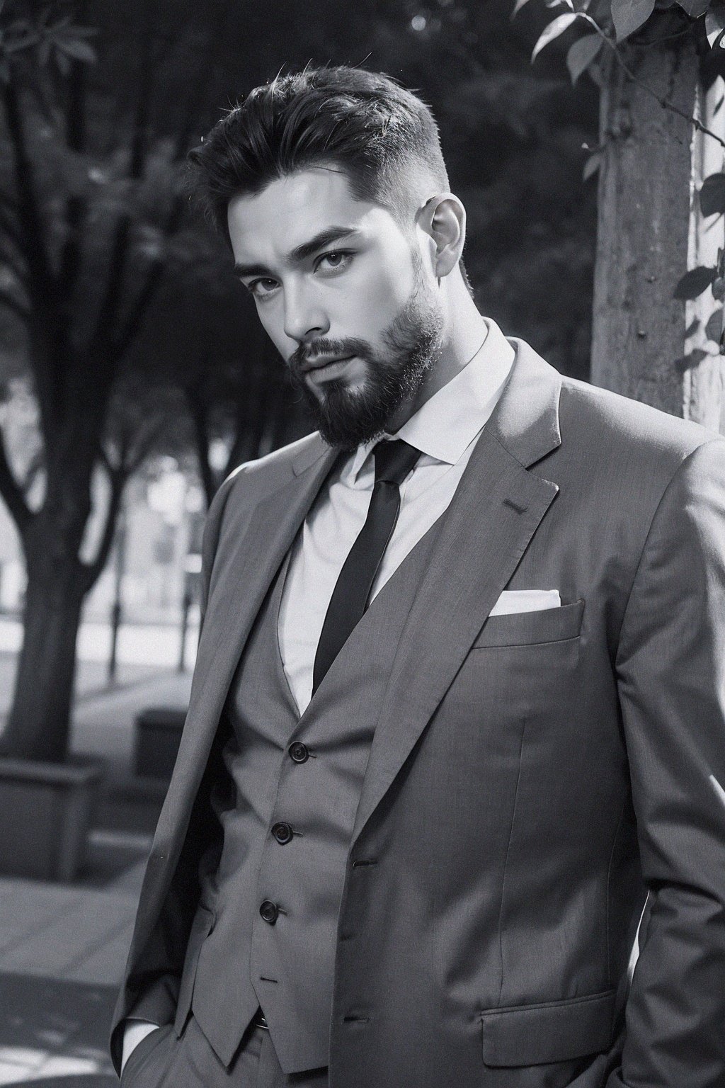 handsome male,big muscle,beard,suit,monochrome photography,dutch angle,outdoor,