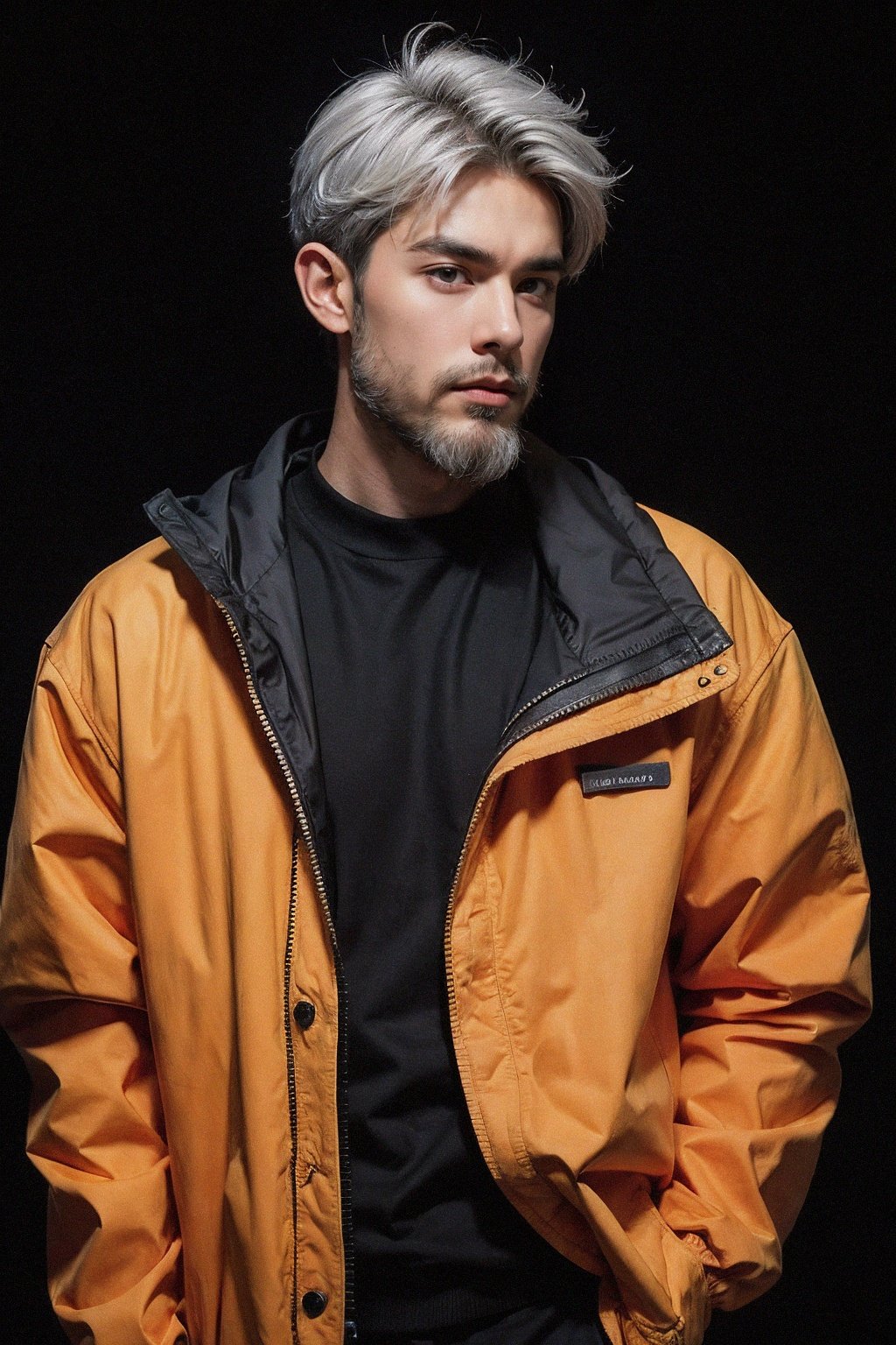 (silver hair:1.1),handsome male,beard,orange jacket,black background,
