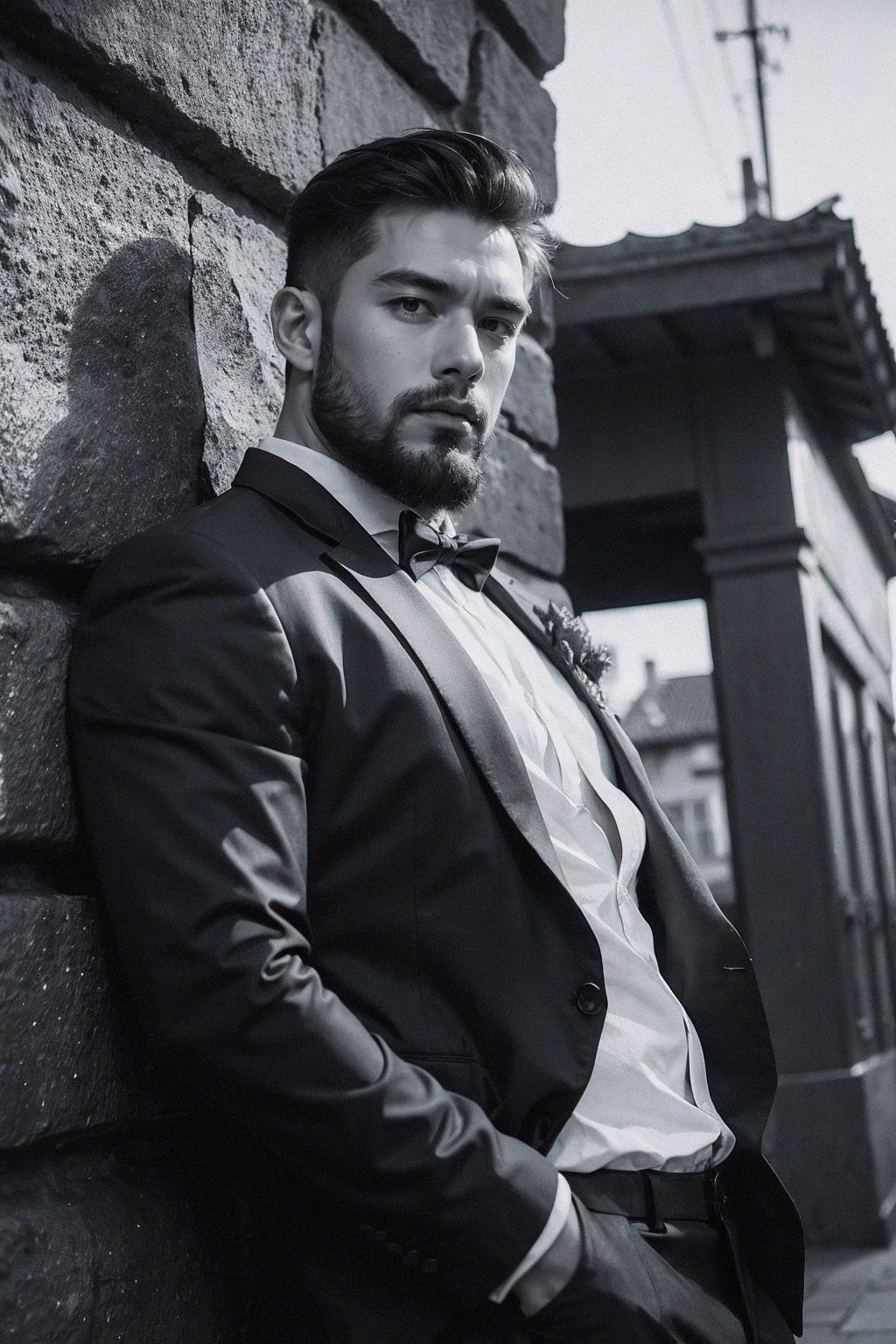 handsome male,big muscle,beard,suit,monochrome photography,dutch angle,outdoor,