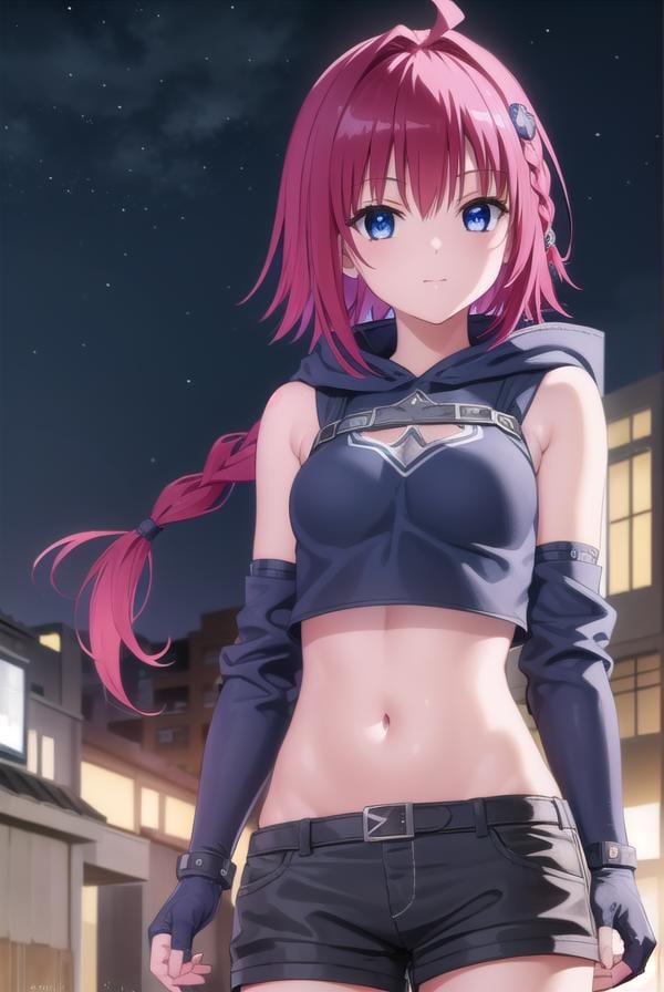 meakurosaki, <lyco:mea kurosaki darkness-lyco-nochekaiser:1>,mea kurosaki, ahoge, blue eyes, braid, hair intakes, hair ornament, long hair, red hair, hair braid, smile,BREAK gloves, navel, boots, detached sleeves, shorts, fingerless gloves, black shorts, crop top, clothing cutout, hood,BREAK outdoors, night, sky, city, moon, star \(sky\),BREAK looking at viewer, (cowboy shot:1.5),BREAK <lyco:GoodHands-beta2:1>, (masterpiece:1.2), best quality, high resolution, unity 8k wallpaper, (illustration:0.8), (beautiful detailed eyes:1.6), extremely detailed face, perfect lighting, extremely detailed CG, (perfect hands, perfect anatomy),