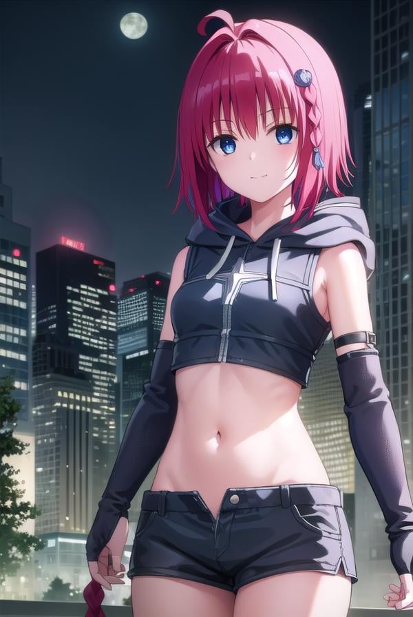 meakurosaki, <lyco:mea kurosaki darkness-lyco-nochekaiser:1>,mea kurosaki, ahoge, blue eyes, braid, hair intakes, hair ornament, long hair, red hair, hair braid, smile,BREAK gloves, navel, boots, detached sleeves, shorts, fingerless gloves, black shorts, crop top, clothing cutout, hood,BREAK outdoors, night, sky, city, moon, star \(sky\),BREAK looking at viewer, (cowboy shot:1.5),BREAK <lyco:GoodHands-beta2:1>, (masterpiece:1.2), best quality, high resolution, unity 8k wallpaper, (illustration:0.8), (beautiful detailed eyes:1.6), extremely detailed face, perfect lighting, extremely detailed CG, (perfect hands, perfect anatomy),