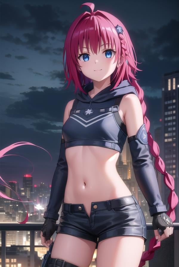 meakurosaki, <lyco:mea kurosaki darkness-lyco-nochekaiser:1>,mea kurosaki, ahoge, blue eyes, braid, hair intakes, hair ornament, long hair, red hair, hair braid, smile,BREAK gloves, navel, boots, detached sleeves, shorts, fingerless gloves, black shorts, crop top, clothing cutout, hood,BREAK outdoors, night, sky, city, moon, star \(sky\),BREAK looking at viewer, (cowboy shot:1.5),BREAK <lyco:GoodHands-beta2:1>, (masterpiece:1.2), best quality, high resolution, unity 8k wallpaper, (illustration:0.8), (beautiful detailed eyes:1.6), extremely detailed face, perfect lighting, extremely detailed CG, (perfect hands, perfect anatomy),