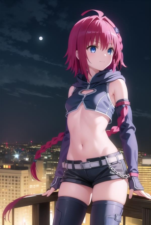 meakurosaki, <lyco:mea kurosaki darkness-lyco-nochekaiser:1>,mea kurosaki, ahoge, blue eyes, braid, hair intakes, hair ornament, long hair, red hair, hair braid, smile,BREAK gloves, navel, boots, detached sleeves, shorts, fingerless gloves, black shorts, crop top, clothing cutout, hood,BREAK outdoors, night, sky, city, moon, star \(sky\),BREAK looking at viewer, (cowboy shot:1.5),BREAK <lyco:GoodHands-beta2:1>, (masterpiece:1.2), best quality, high resolution, unity 8k wallpaper, (illustration:0.8), (beautiful detailed eyes:1.6), extremely detailed face, perfect lighting, extremely detailed CG, (perfect hands, perfect anatomy),