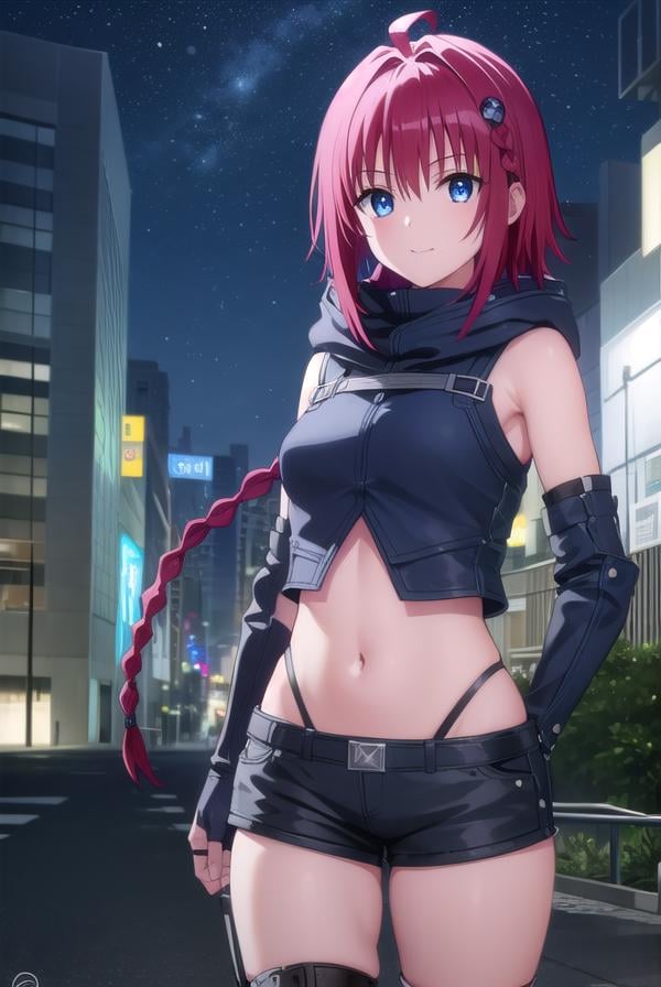 meakurosaki, <lyco:mea kurosaki darkness-lyco-nochekaiser:1>,mea kurosaki, ahoge, blue eyes, braid, hair intakes, hair ornament, long hair, red hair, hair braid, smile,BREAK gloves, navel, boots, detached sleeves, shorts, fingerless gloves, black shorts, crop top, clothing cutout, hood,BREAK outdoors, night, sky, city, moon, star \(sky\),BREAK looking at viewer, (cowboy shot:1.5),BREAK <lyco:GoodHands-beta2:1>, (masterpiece:1.2), best quality, high resolution, unity 8k wallpaper, (illustration:0.8), (beautiful detailed eyes:1.6), extremely detailed face, perfect lighting, extremely detailed CG, (perfect hands, perfect anatomy),