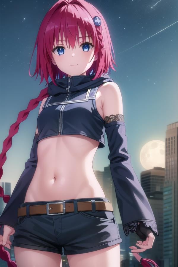 meakurosaki, <lyco:mea kurosaki darkness-lyco-nochekaiser:1>,mea kurosaki, ahoge, blue eyes, braid, hair intakes, hair ornament, long hair, red hair, hair braid, smile,BREAK gloves, navel, boots, detached sleeves, shorts, fingerless gloves, black shorts, crop top, clothing cutout, hood,BREAK outdoors, night, sky, city, moon, star \(sky\),BREAK looking at viewer, (cowboy shot:1.5),BREAK <lyco:GoodHands-beta2:1>, (masterpiece:1.2), best quality, high resolution, unity 8k wallpaper, (illustration:0.8), (beautiful detailed eyes:1.6), extremely detailed face, perfect lighting, extremely detailed CG, (perfect hands, perfect anatomy),