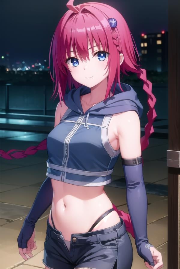 meakurosaki, <lyco:mea kurosaki darkness-lyco-nochekaiser:1>,mea kurosaki, ahoge, blue eyes, braid, hair intakes, hair ornament, long hair, red hair, hair braid, smile,BREAK gloves, navel, boots, detached sleeves, shorts, fingerless gloves, black shorts, crop top, clothing cutout, hood,BREAK outdoors, night, sky, city, moon, star \(sky\),BREAK looking at viewer, (cowboy shot:1.5),BREAK <lyco:GoodHands-beta2:1>, (masterpiece:1.2), best quality, high resolution, unity 8k wallpaper, (illustration:0.8), (beautiful detailed eyes:1.6), extremely detailed face, perfect lighting, extremely detailed CG, (perfect hands, perfect anatomy),