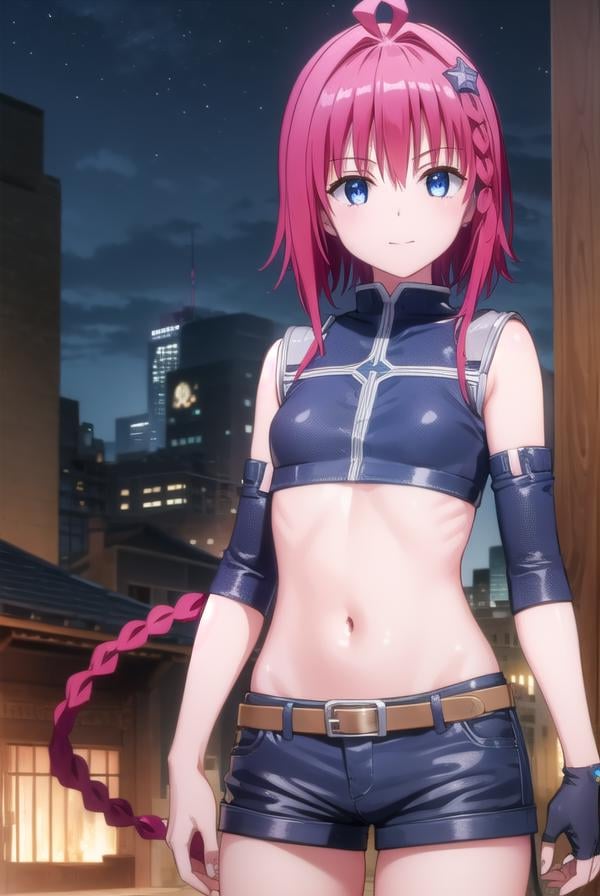 meakurosaki, <lyco:mea kurosaki darkness-lyco-nochekaiser:1>,mea kurosaki, ahoge, blue eyes, braid, hair intakes, hair ornament, long hair, red hair, hair braid, smile,BREAK gloves, navel, boots, detached sleeves, shorts, fingerless gloves, black shorts, crop top,BREAK outdoors, night, sky, city, moon, star \(sky\),BREAK looking at viewer, (cowboy shot:1.5),BREAK <lyco:GoodHands-beta2:1>, (masterpiece:1.2), best quality, high resolution, unity 8k wallpaper, (illustration:0.8), (beautiful detailed eyes:1.6), extremely detailed face, perfect lighting, extremely detailed CG, (perfect hands, perfect anatomy),