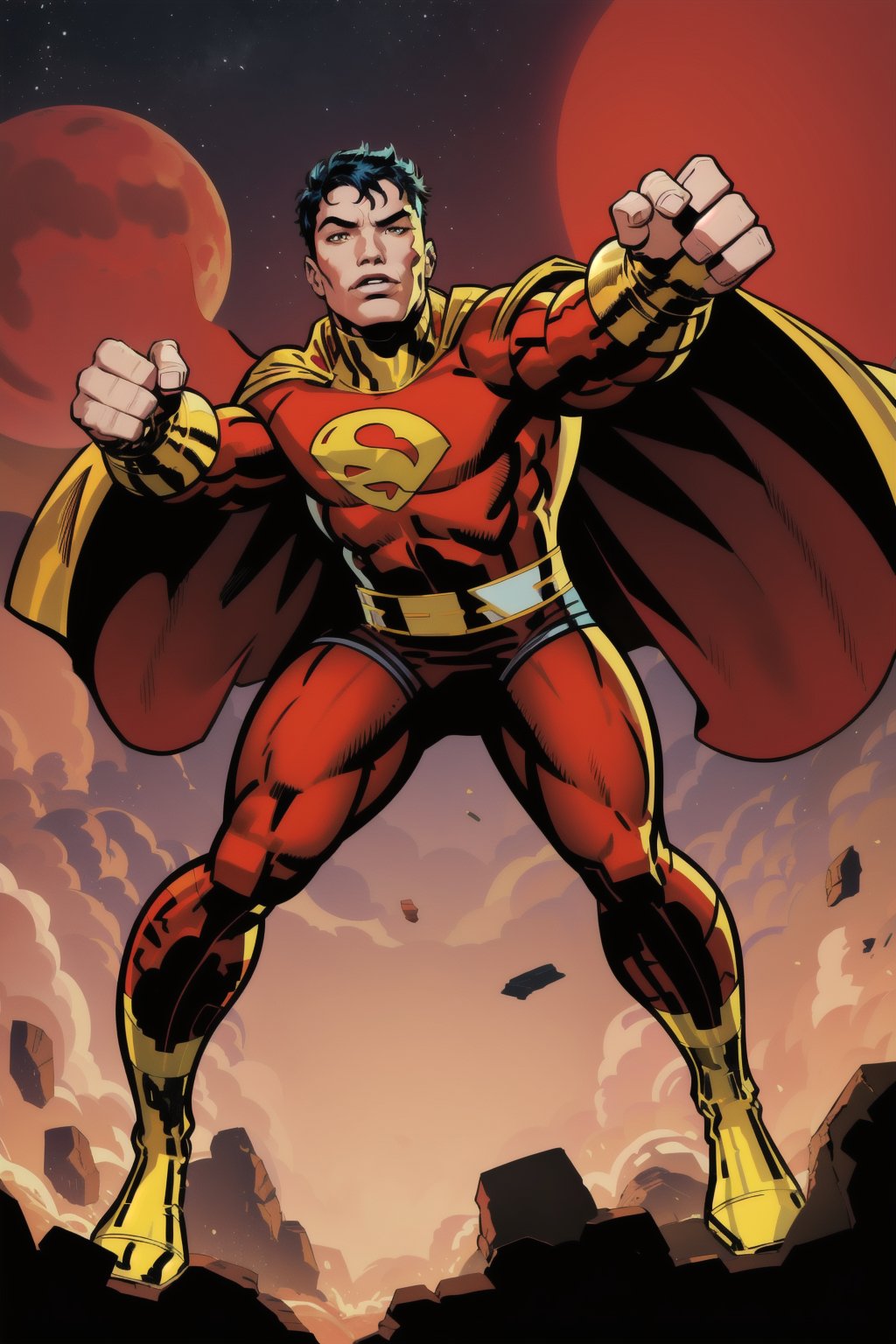 Full body,1man, superhero, flying, red and yellow superhero costume with cape,cartoon