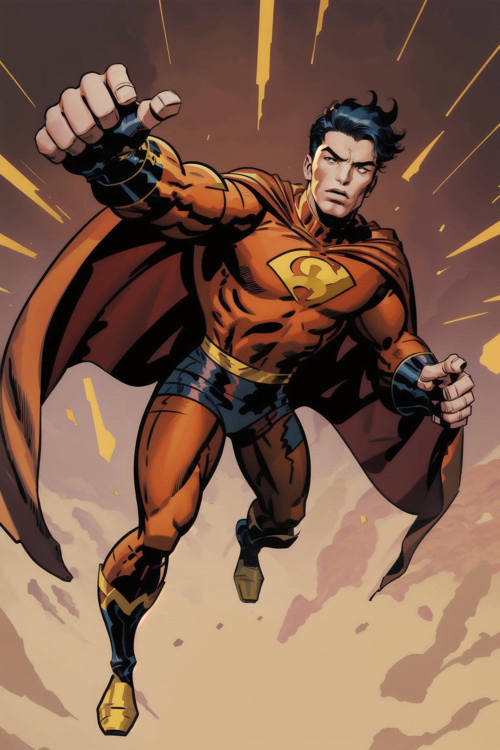 Full body,1man, superhero, flying, red and yellow superhero costume with cape,cartoon
