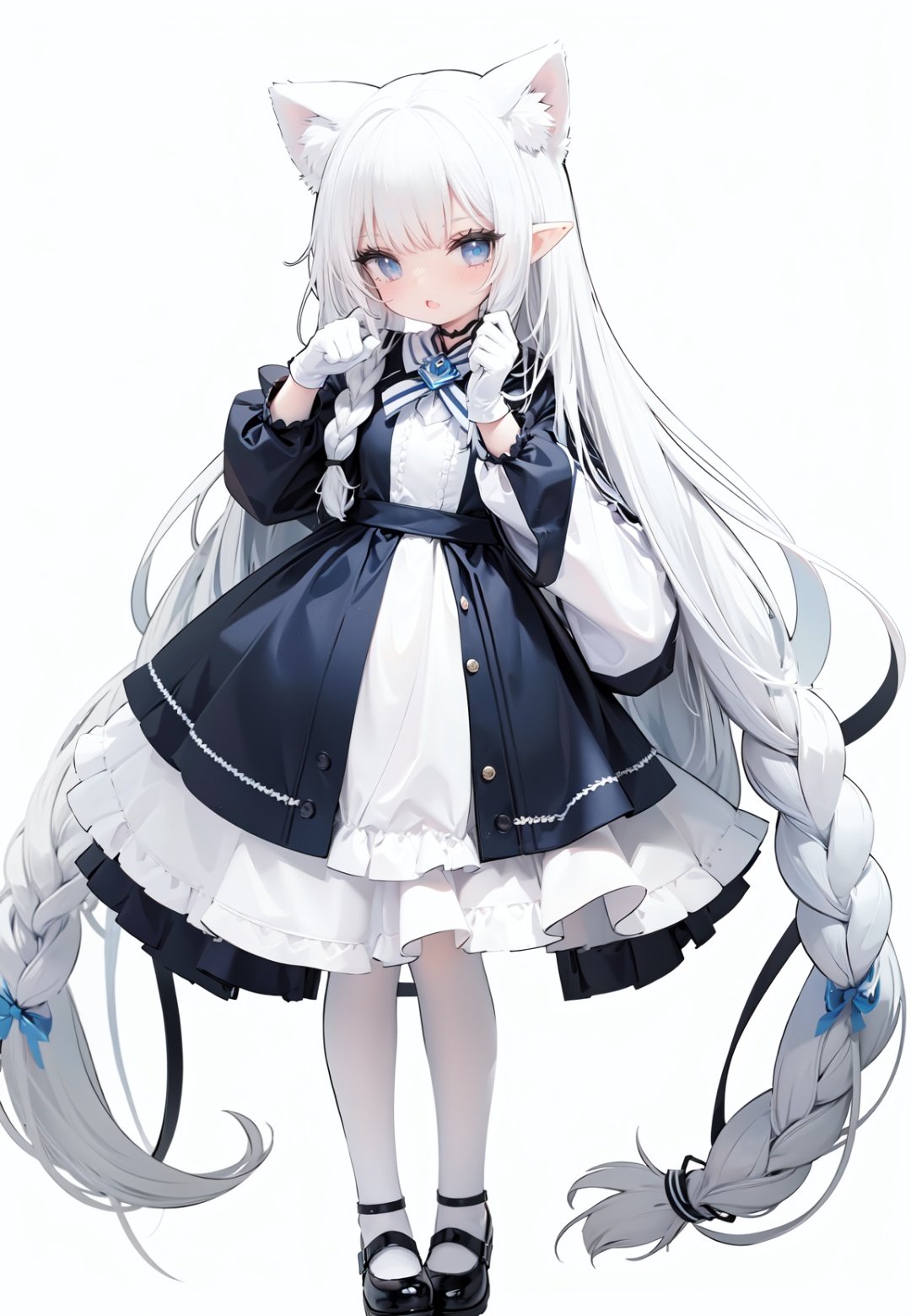  1girl, white_gloves, braid, full_body, gloves, long_hair, official_alternate_costume, pointy_ears, simple_background, solo, standing, very_long_hair, white_background, white hair, blue eyes, paw claw pose, open_mouth