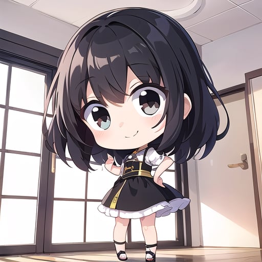 <lora:hotarueye_comic13_v100:1>, 1girl, (chibi:1.4), smile, closed mouth, dynamic angle, standing, , black hair, indoors