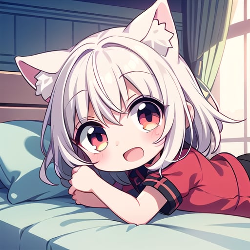 <lora:hotarueye_comic13_v100:1>, 1girl, (chibi:1.4), smile, open mouth, dynamic angle, lying on bed, animal ear, white hair, indoors