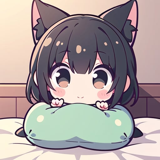 <lora:hotarueye_comic13_v100:1>, 1girl, (chibi:1.4), smile, closed mouth, upper body, lying on bed, animal ear, black hair, indoors