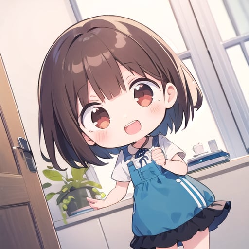 <lora:hotarueye_comic13_v100:1>, 1girl, (chibi:1.4), smile, open mouth, dynamic angle, dynamic pose, , brown hair, indoors