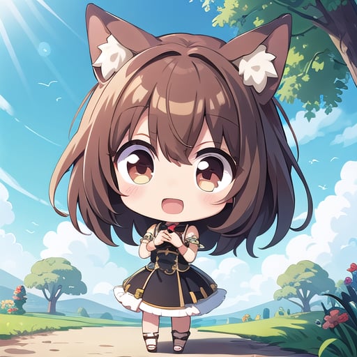 <lora:hotarueye_comic13_v100:1>, 1girl, (chibi:1.4), smile, open mouth, upper body, standing, animal ear, brown hair, outdoor