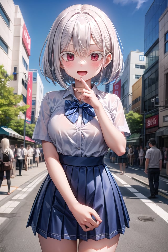 <lora:whiteeyelash_v080:1.5>insanely detailed, absurdres, ultra-highres, ultra-detailed, best quality,1girl, solo, nice hands, perfect hands,BREAKsummer school uniform with indigo blue bowtie, (short sleeves, dark blue skirt, pleated skirt:1.3), (indigo blue:1.3) bowtie, (white shirt:1.3), shirt with white button, (skirt with many pleats:1.4), plain shirt, plain skirt, (striped bowtie:1.3), shirt_tucked_inBREAKhappy smile, laugh, open mouth, standing,(45 angle:-1.5), (from side:-1.5),cute pose, cowboy shot,BREAKslender, kawaii, perfect symmetrical face, ultra cute girl, ultra cute face, ultra detailed eyes, ultra detailed hair, ultra cute, ultra beautiful,BREAKin harajuku, shibuya, tokyo, street, crowd, cityscape,BREAKmedium large breasts,(white hair, red eyes)