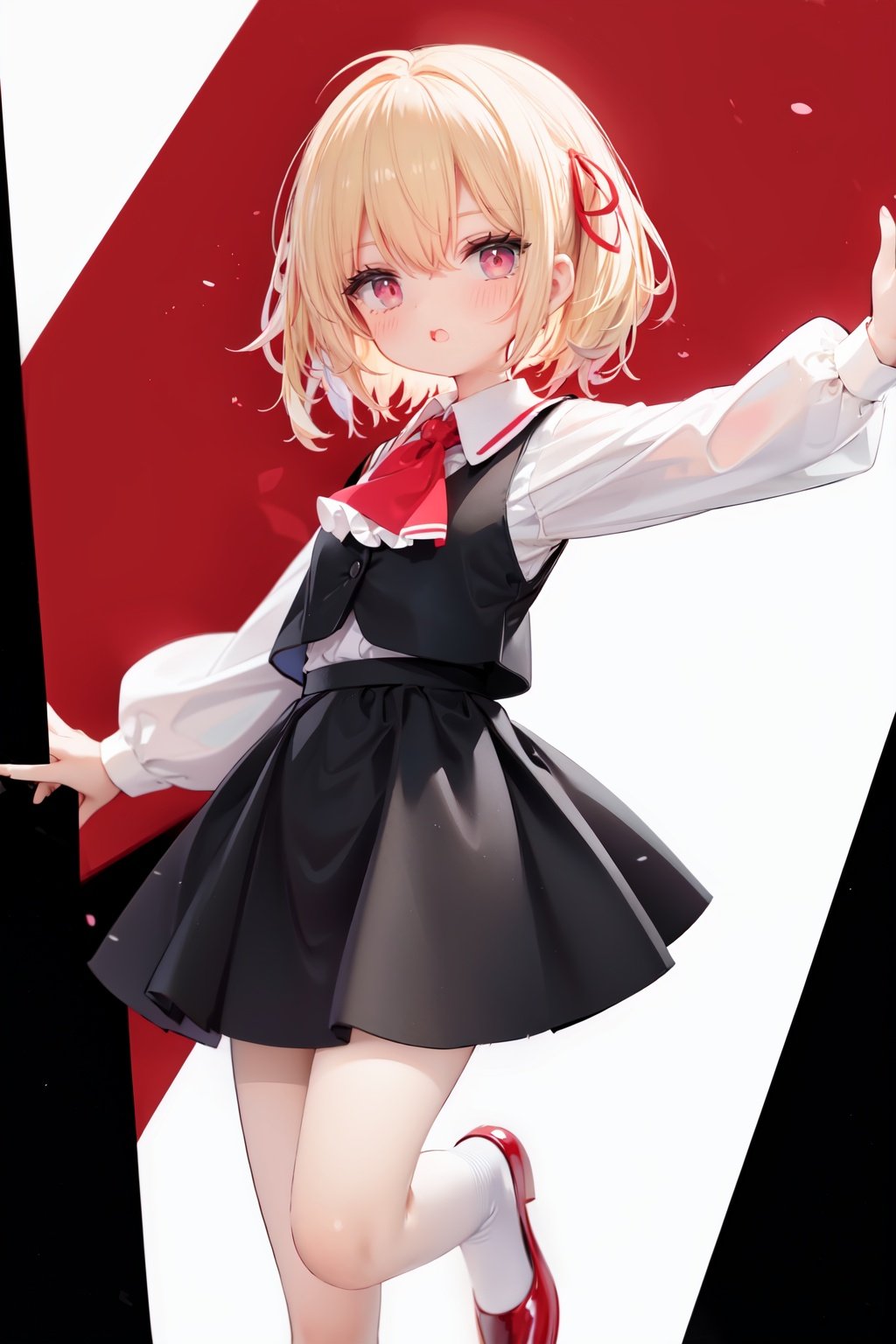  1girl, rumia, blonde hair, solo, white background, red eyes, red footwear, simple background, ascot, short hair, ribbon, open mouth, hair ribbon, smile, long sleeves, shirt, looking at viewer, red ascot, white socks, white shirt, red ribbon, shoes, socks, frills, bangs, outstretched arms, hair between eyes, skirt, :d, dress, vest, mary janes, black dress, black skirt, collared shirt, black vest, blush