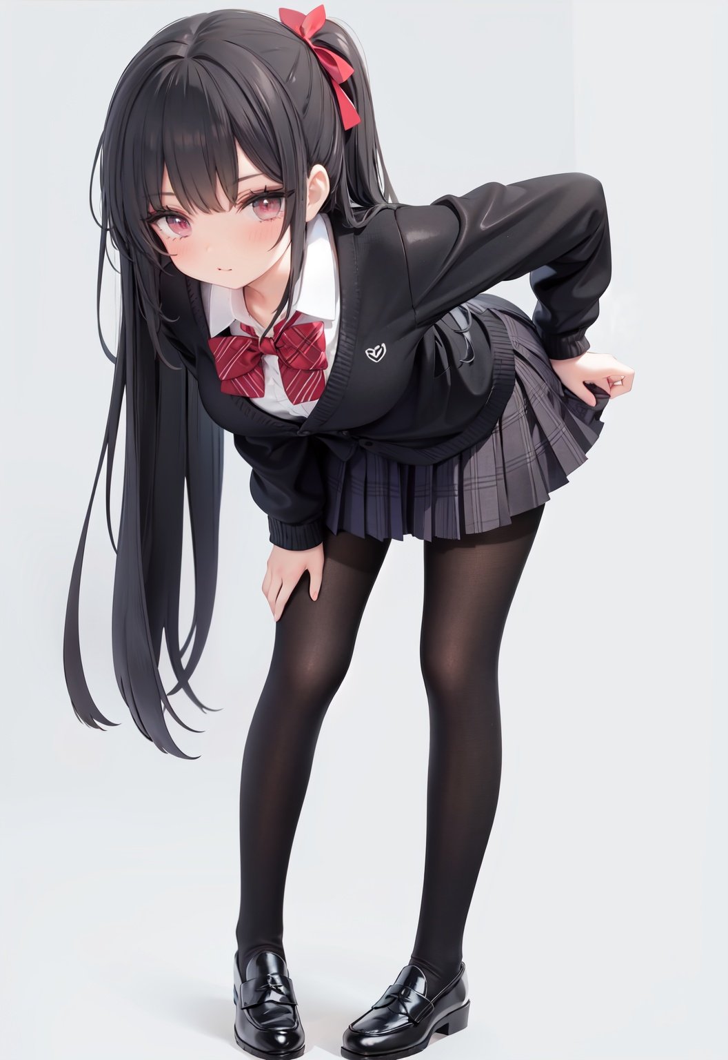  1girl, solo, pantyhose, skirt, long hair, loafers, shoes, simple background, school uniform, brown eyes, plaid, black pantyhose, plaid skirt, looking at viewer, black hair, pantyhose pull, full body, clothes pull, black footwear, pleated skirt, leaning forward, bangs, long sleeves, bent over, cardigan, bow, bowtie, standing, closed mouth, pulled by self, grey background, blush, miniskirt, red bow, sweater, undressing