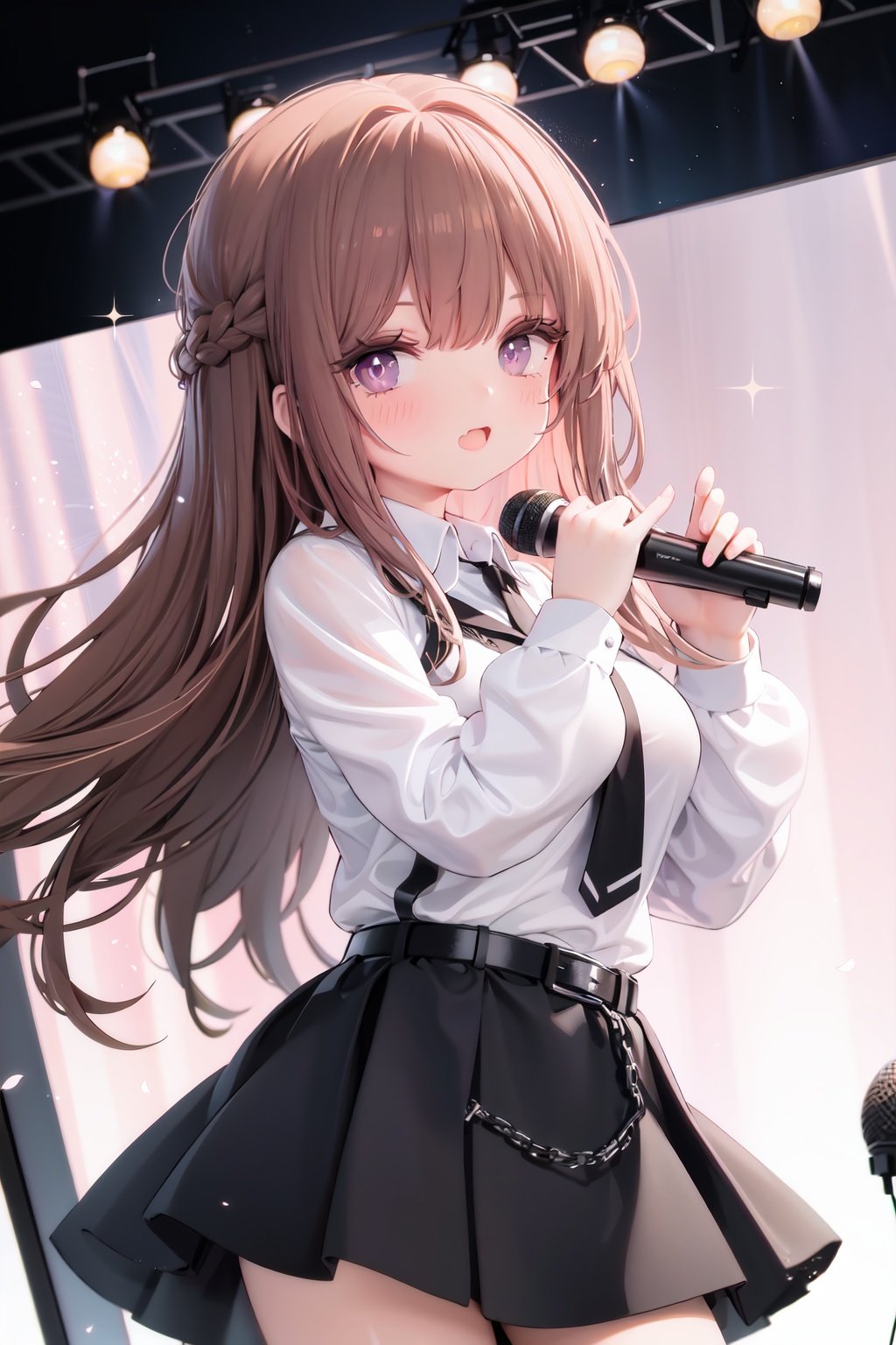  1girl, solo, microphone, smile, skirt, blush, brown eyes, long hair, open mouth, looking at viewer, brown hair, long sleeves, :d, shirt, bangs, belt, breasts, pink shirt, outstretched arm, music, black belt, medium breasts, holding microphone, singing