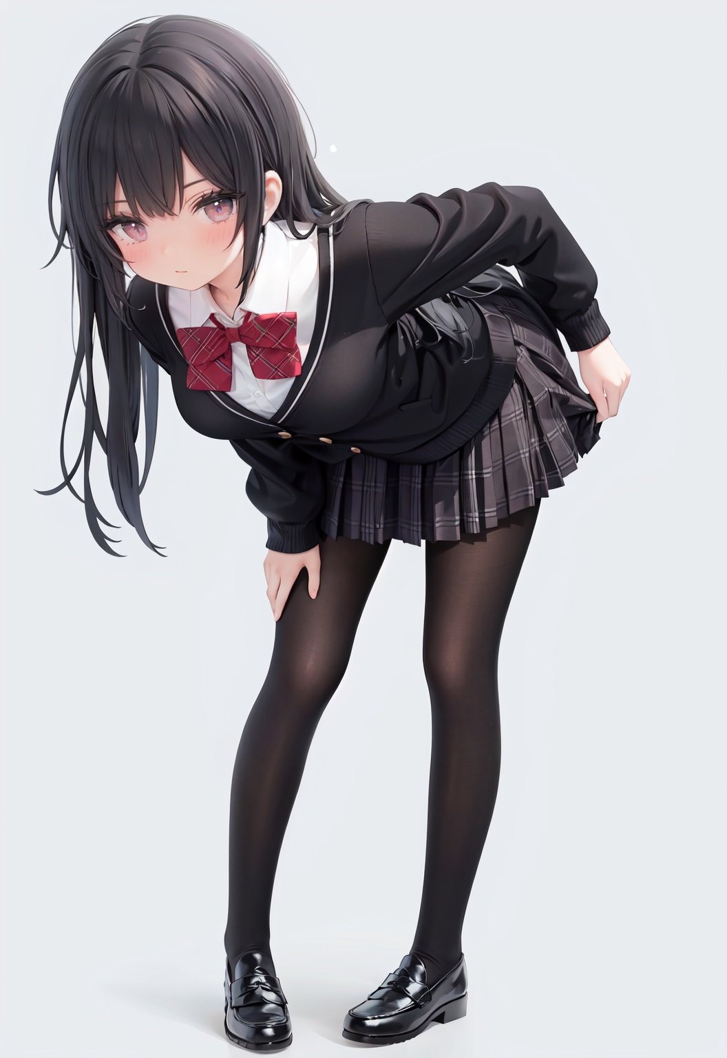  1girl, solo, pantyhose, skirt, long hair, loafers, shoes, simple background, school uniform, brown eyes, plaid, black pantyhose, plaid skirt, looking at viewer, black hair, pantyhose pull, full body, clothes pull, black footwear, pleated skirt, leaning forward, bangs, long sleeves, bent over, cardigan, bow, bowtie, standing, closed mouth, pulled by self, grey background, blush, miniskirt, red bow, sweater, undressing