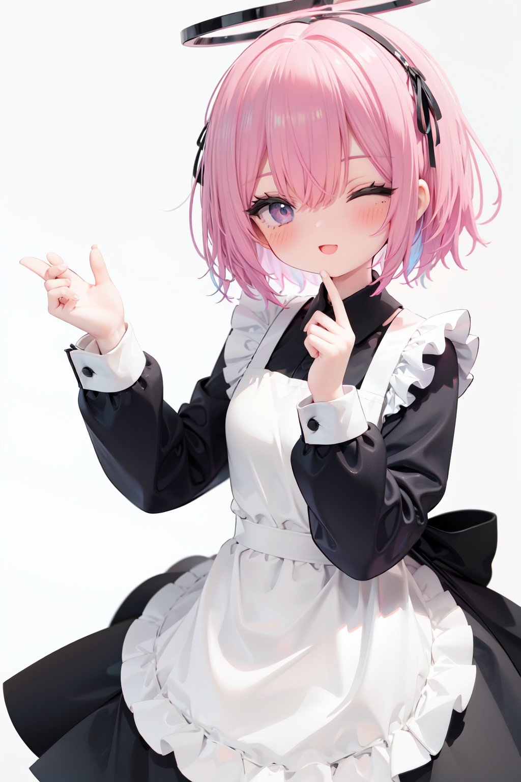  1girl, solo, apron, halo, hair over one eye, closed eyes, smile, white background, dress, white apron, simple background, long sleeves, multicolored hair, braid, open mouth, blue hair, alternate costume, blush, bangs, :d, pink hair, black dress, ribbon, frilled dress, enmaided, short hair, hand up, colored inner hair