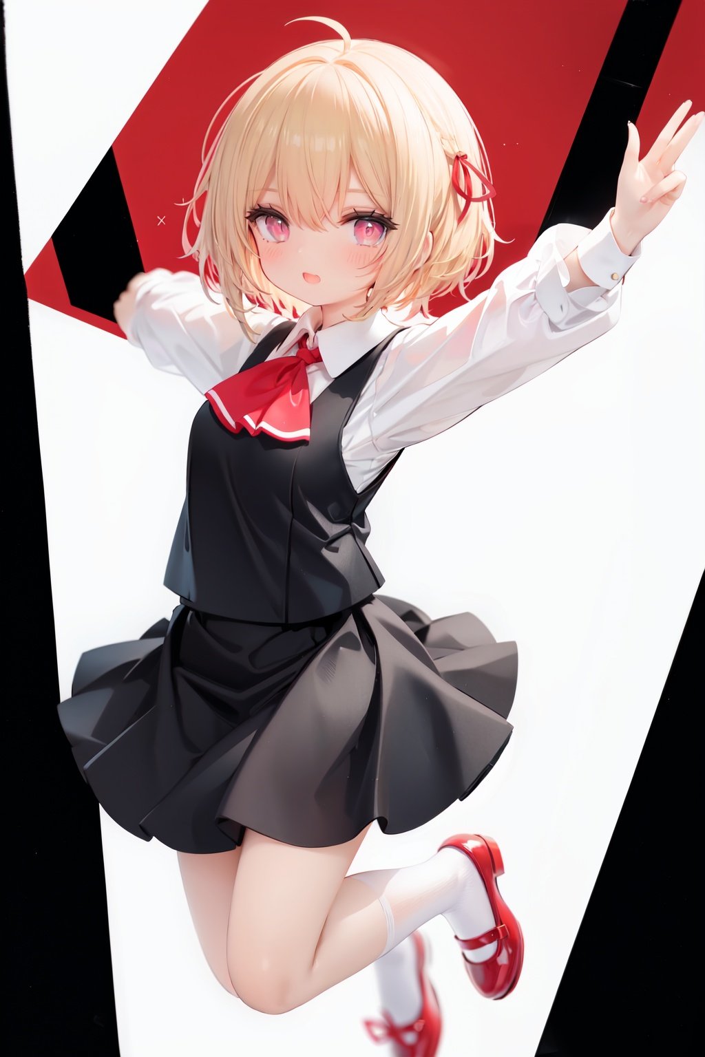  1girl, rumia, blonde hair, solo, white background, red eyes, red footwear, simple background, ascot, short hair, ribbon, open mouth, hair ribbon, smile, long sleeves, shirt, looking at viewer, red ascot, white socks, white shirt, red ribbon, shoes, socks, frills, bangs, outstretched arms, hair between eyes, skirt, :d, dress, vest, mary janes, black dress, black skirt, collared shirt, black vest, blush