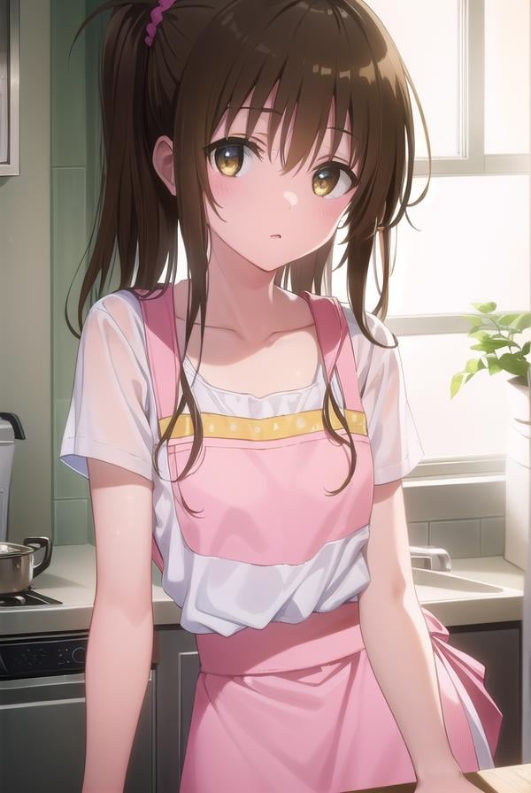 mikanyuuki, <lyco:mikan yuuki darkness-lyco-nochekaiser:1>,mikan yuuki, (brown eyes:1.5), brown hair, hair ornament, hair scrunchie, long hair, pink scrunchie, scrunchie, (flat chest:1.2),BREAK apron, blouse, collarbone, layered skirt, pink shirt, shirt, short sleeves, skirt, yellow apron,BREAK indoors, kitchen,BREAK looking at viewer, (cowboy shot:1.5),BREAK <lyco:GoodHands-beta2:1>, (masterpiece:1.2), best quality, high resolution, unity 8k wallpaper, (illustration:0.8), (beautiful detailed eyes:1.6), extremely detailed face, perfect lighting, extremely detailed CG, (perfect hands, perfect anatomy),